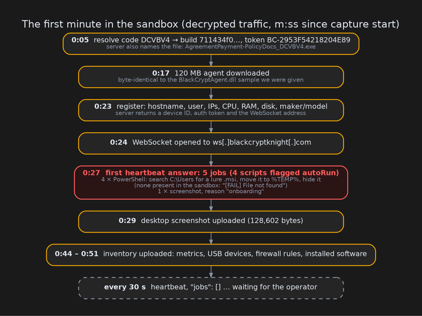 The first minute in the sandbox, rebuilt from the decrypted traffic.