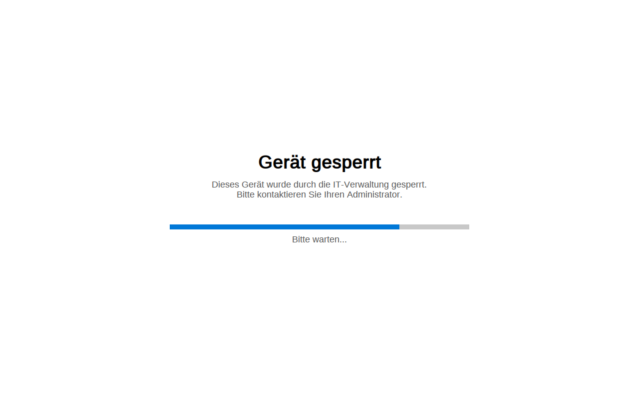 The built-in default lock screen: "Device locked — This device was locked by IT administration. Please contact your administrator. Please wait…". The server can replace all of this text.