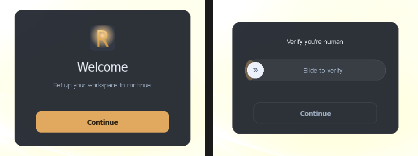 The only screens a victim sees: a "Welcome" card with an orange "R" logo, then a slide-to-verify captcha. Captured in our isolated sandbox.